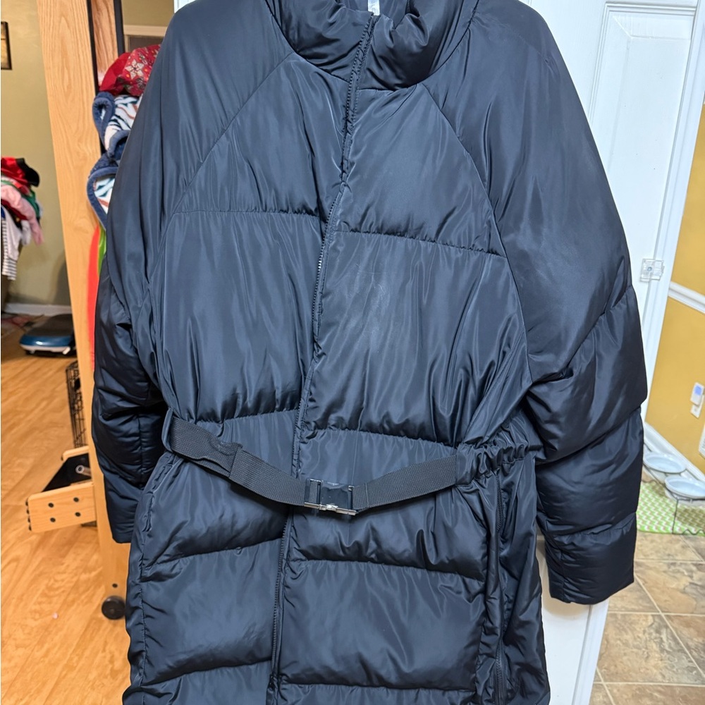 Fabletics Black Long Puffer Coat 4X Belted Side Zip Maxi Jacket